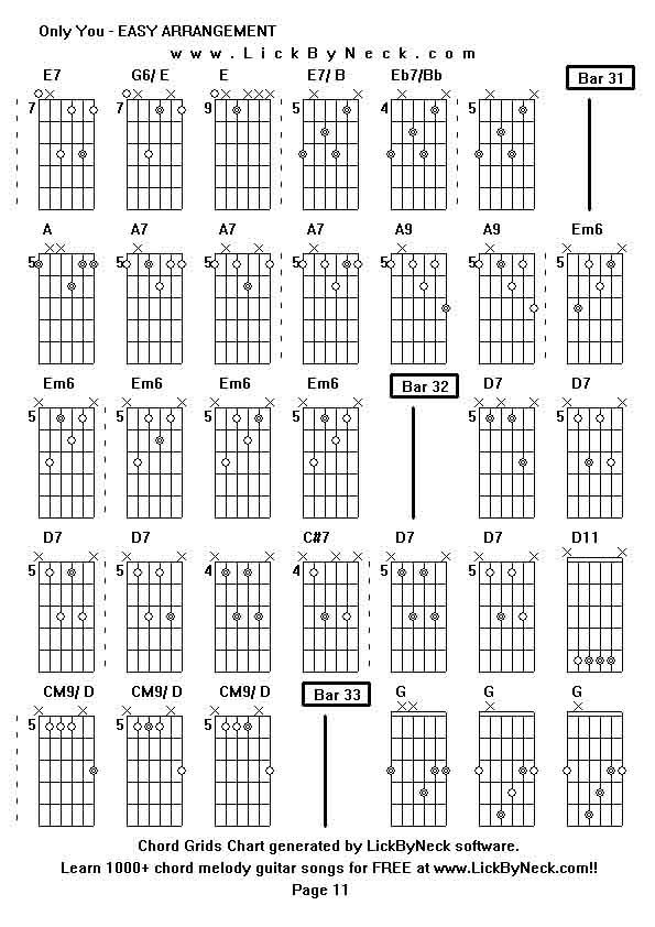 Chord Grids Chart of chord melody fingerstyle guitar song-Only You - EASY ARRANGEMENT,generated by LickByNeck software.